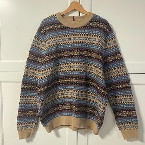 Tommy Hilfiger Mens XXL Fair Isle Wool Blend Crewneck Sweater Blue Tan Multi